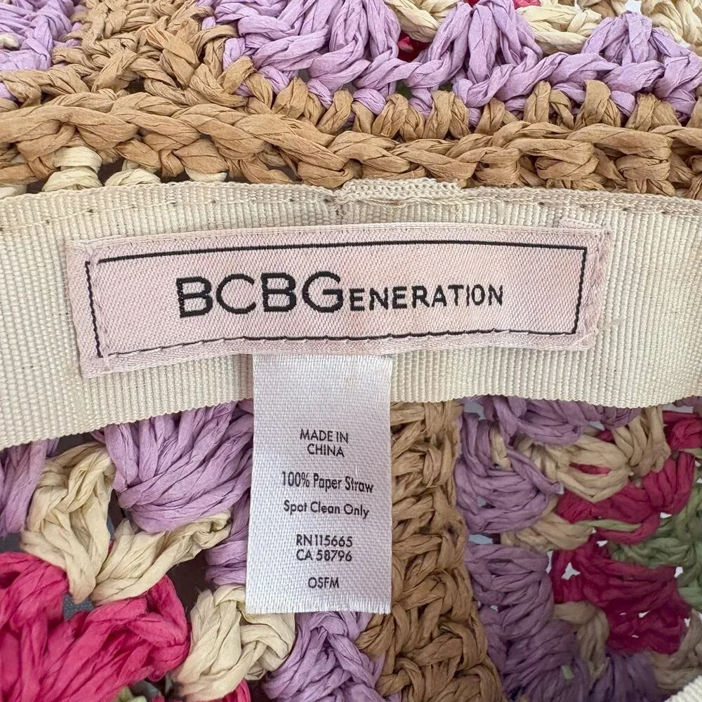 BCBGeneration Straw Crochet Granny Square Bucket Hat Multicolor Size OS